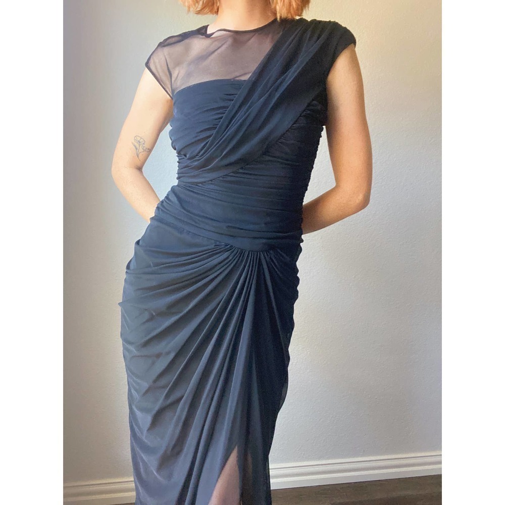 Tadashi Shoji Black Drape Mesh Formal Gown Maxi Dress
